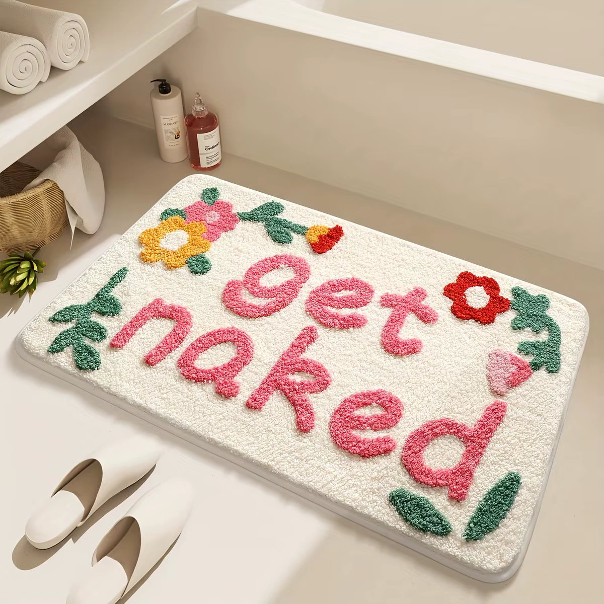 Tapis de salle de bain avec inscription « GETNAKED » | Tapis absorbant | Tapis de salle de bain pour la maison | Tapis de salle de bain | Tapis de toilette | Décoration intérieure