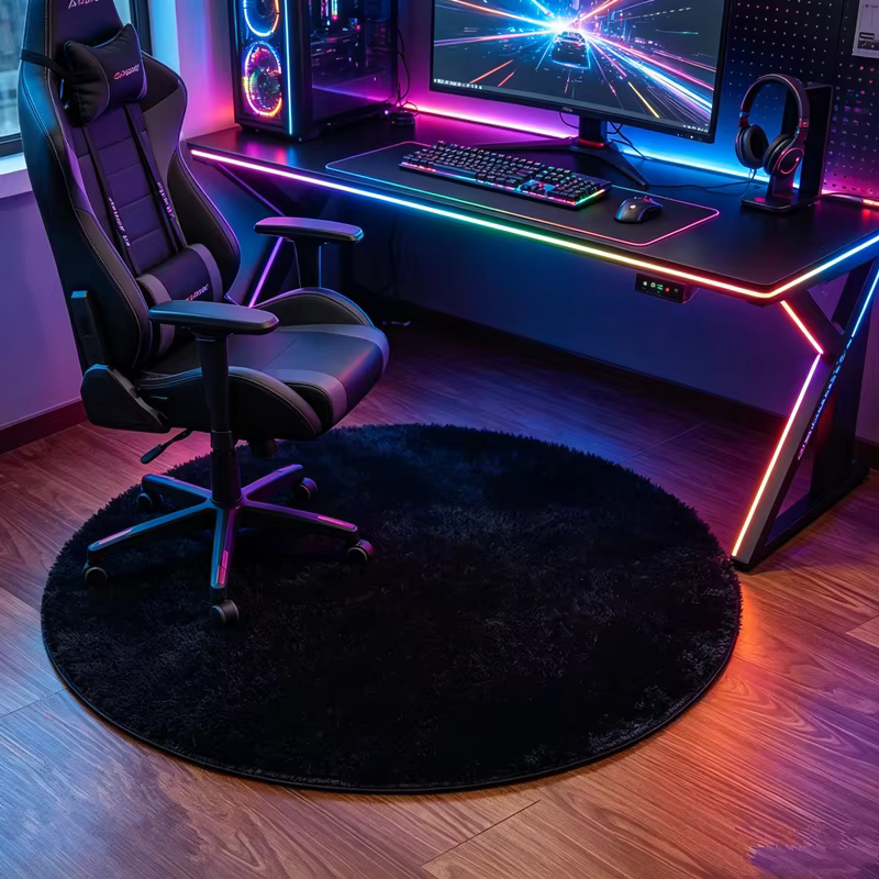 Tapis rond noir avec longue peluche