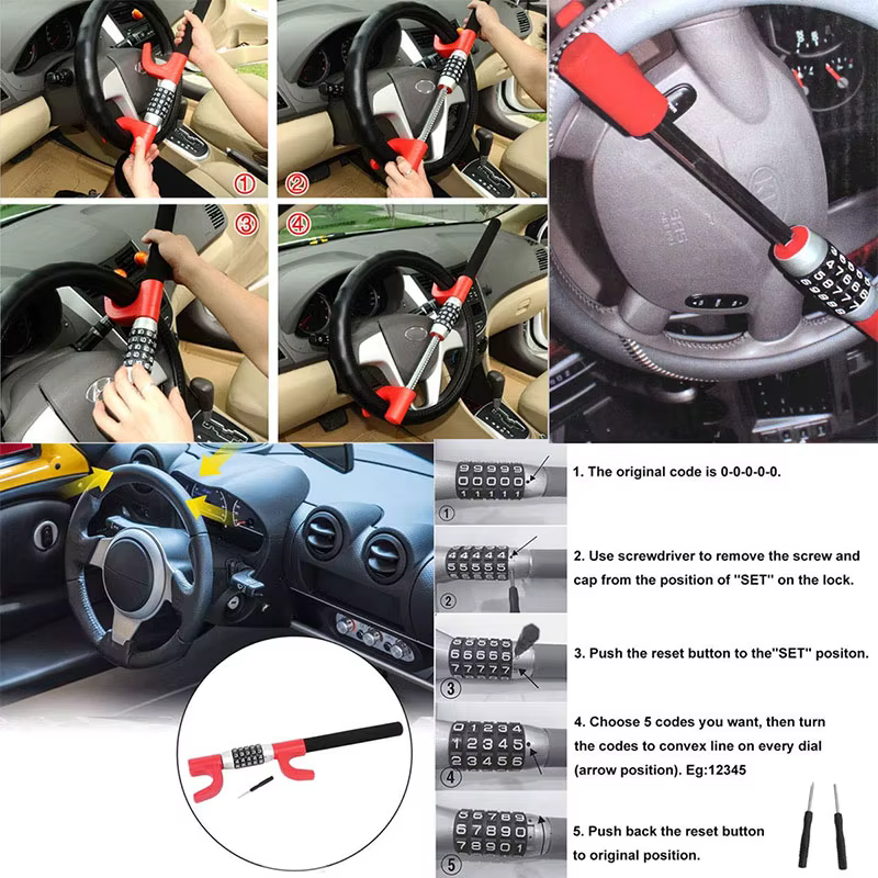 Serrure de volant de voiture universelle à 5 chiffres, serrure à double crochet sans clé, adaptée à tous les véhicules, camions, SUV, voiture rouge