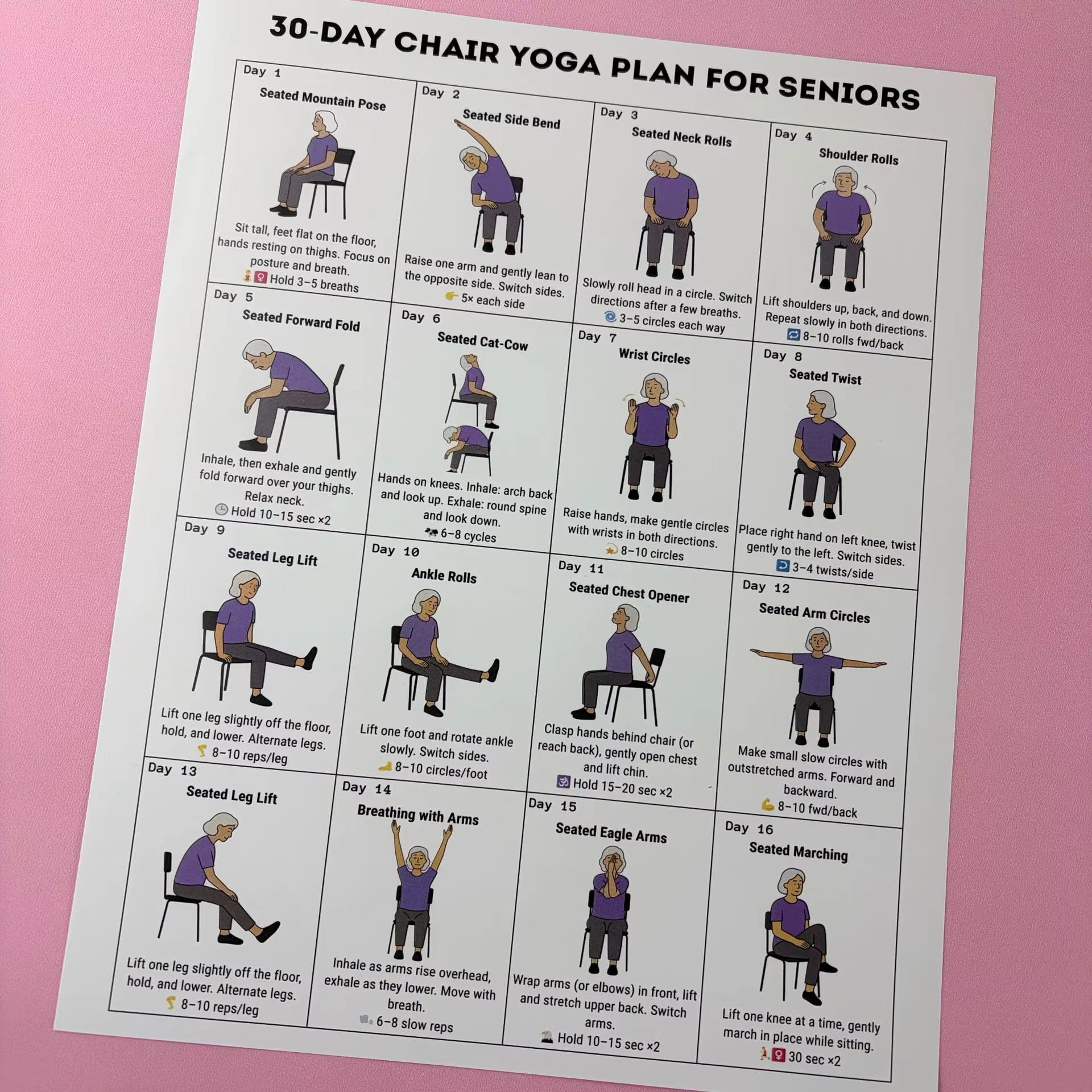 Affiche de plan d'entraînement de yoga en position assise sur 30 jours pour les seniors