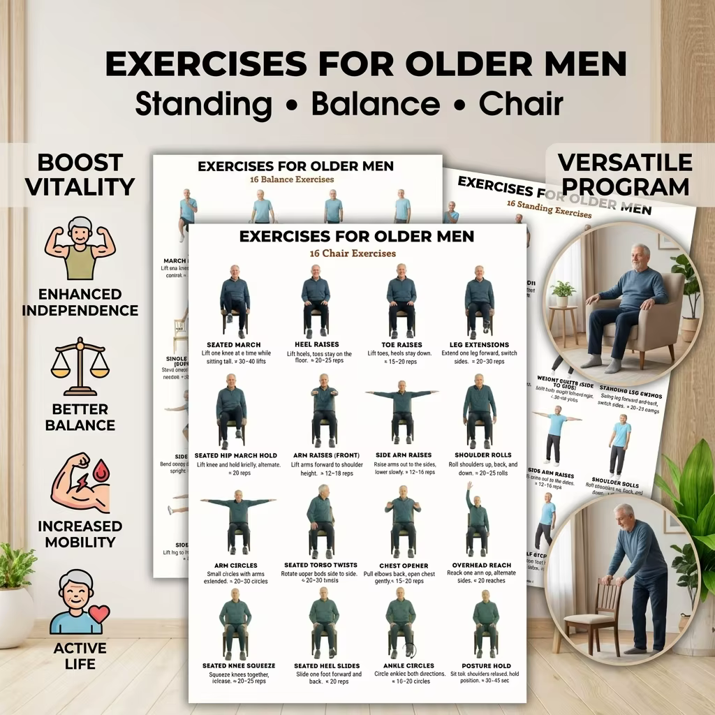 Lot de 3 affiches d'exercices et guide d'entraînement pour chaise d'équilibre, pour hommes âgés, améliorant la force et l'équilibre du bas du corps, usage domestique en intérieur