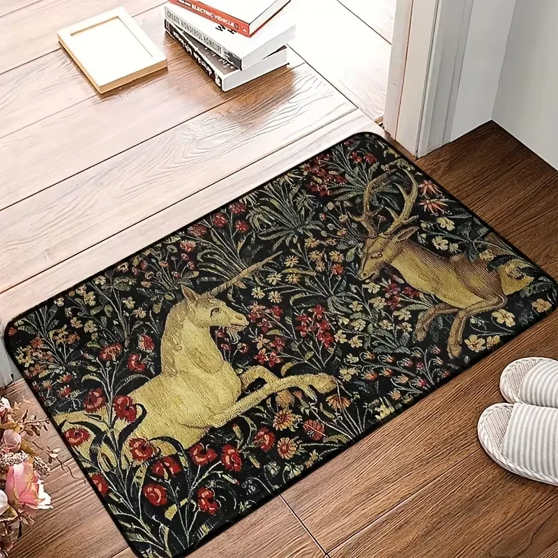 Tapisserie florale de minuit licorne médiévale, paillasson antidérapant, décoration de maison, lavable, pour salon, chambre à coucher, cuisine