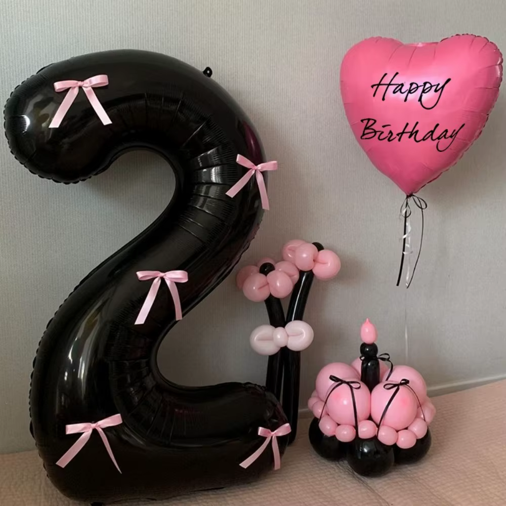 Ballon chiffre noir de 32 pouces avec nœuds roses, grand ballon en aluminium, ruban satiné, ballon décoratif, fournitures de fête