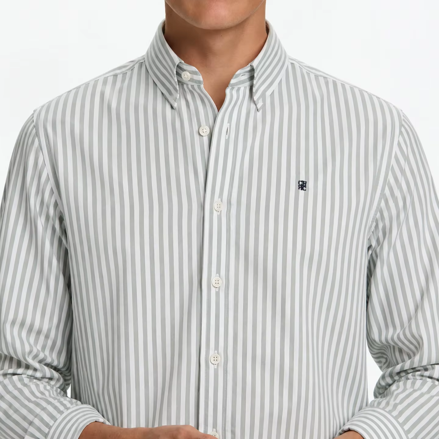 Chemise à manches longues brodée à rayures CH pour homme, coupe droite, col boutonné, classique, intemporelle, décontractée, pour tous les jours