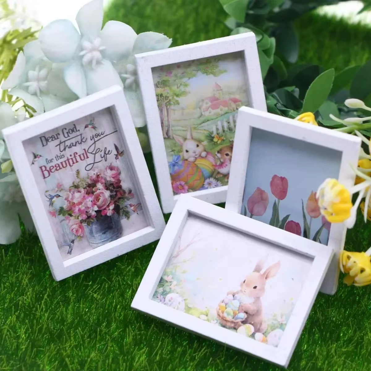 Ensemble de 4 mini décorations murales de lapin de pâques, accessoires pour maison de poupée, décor de scène miniature pour chambre à coucher et salon