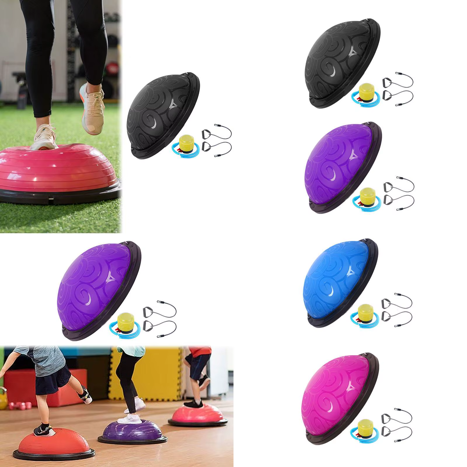 Ballon d'équilibre en PVC demi-sphère avec bandes et pompe pour le Pilates