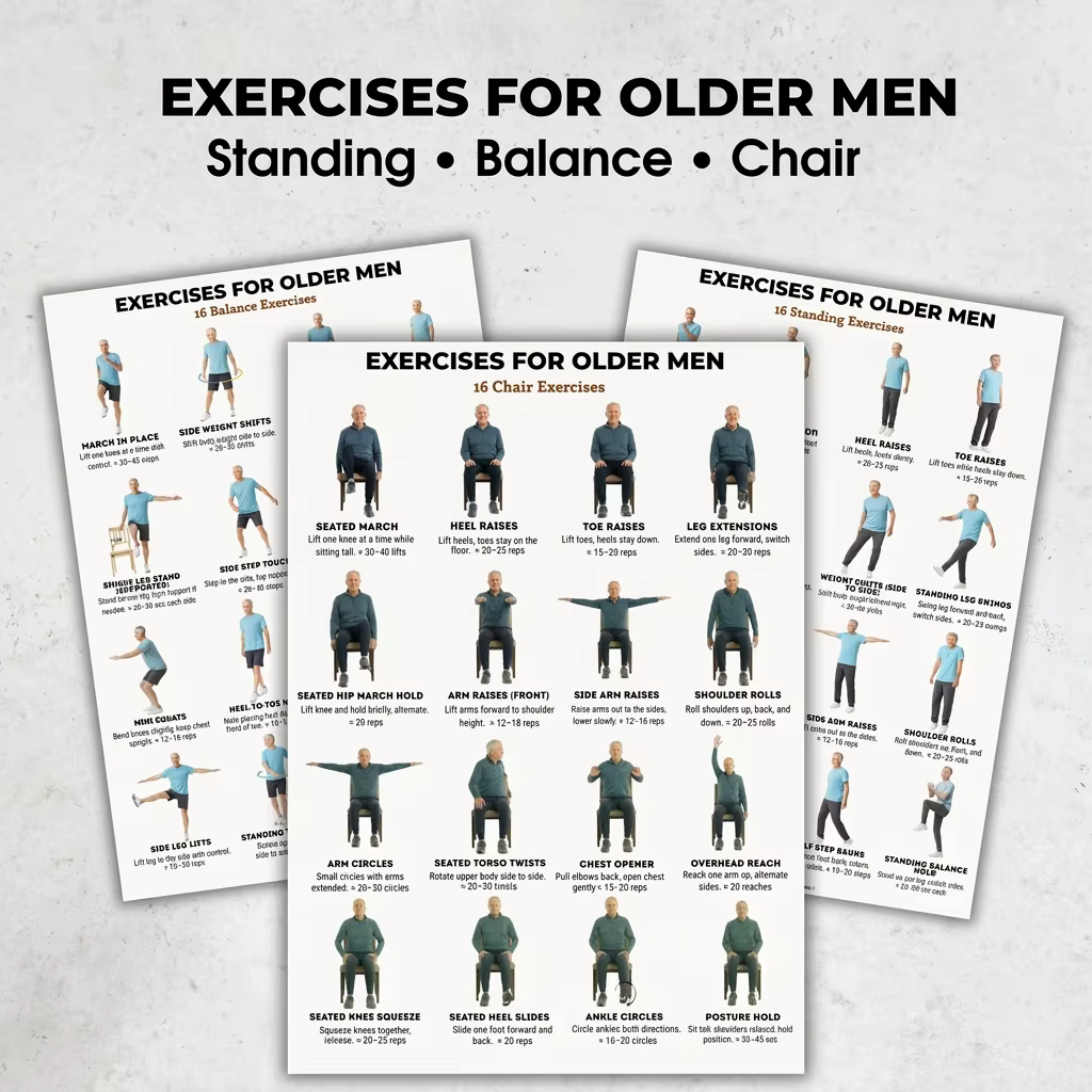 Lot de 3 affiches d'exercices et guide d'entraînement pour chaise d'équilibre, pour hommes âgés, améliorant la force et l'équilibre du bas du corps, usage domestique en intérieur