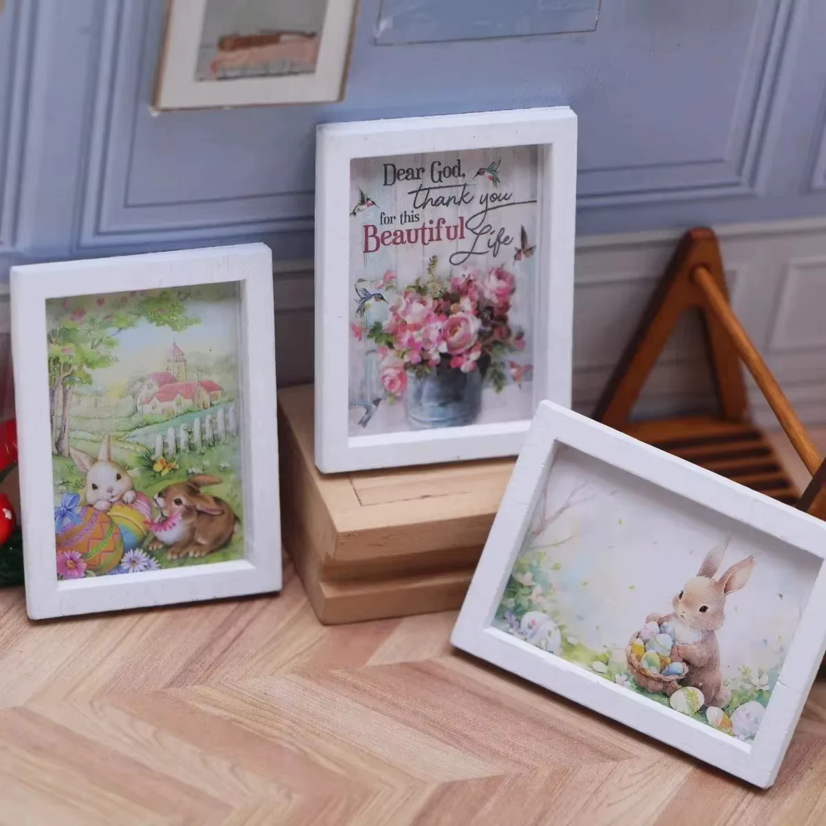 Ensemble de 4 mini décorations murales de lapin de pâques, accessoires pour maison de poupée, décor de scène miniature pour chambre à coucher et salon