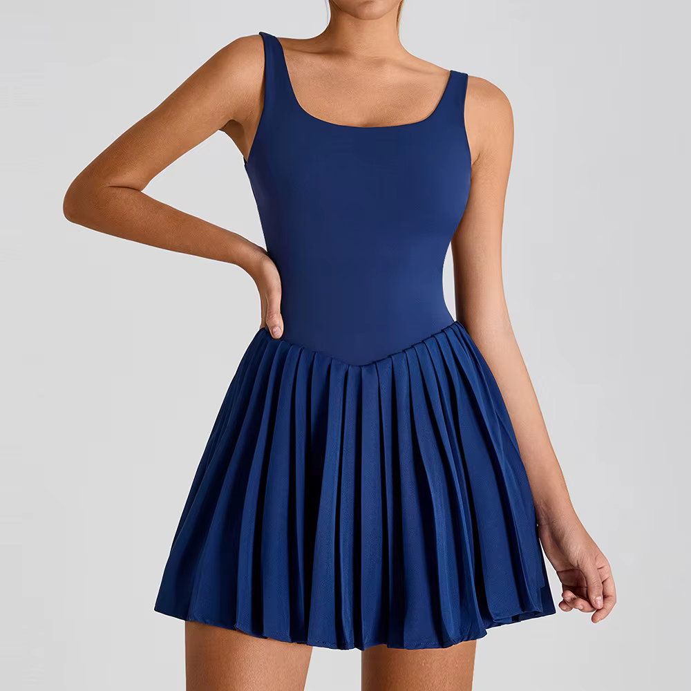 Robe de Tennis nue ajourée, dos nu, jupe pour femmes, combinaison Anti-éblouissement, Fitness, sport, course à pied, poches, jupe plissée, robe de sport