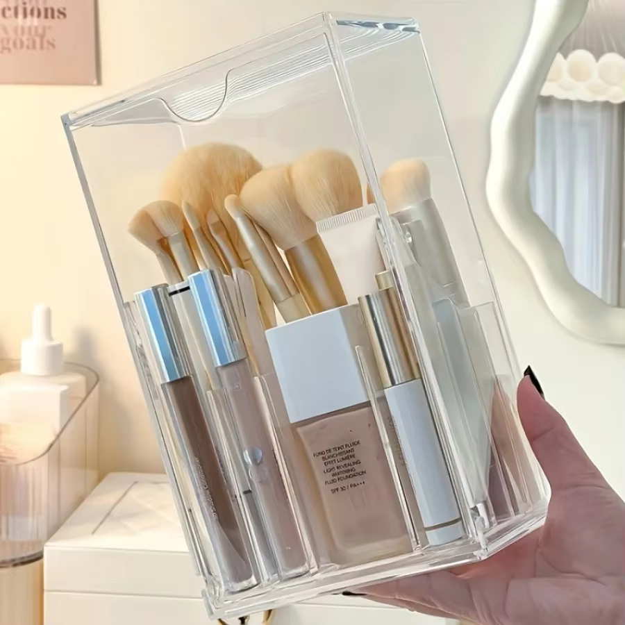 Coiffeuse boîte de rangement acrylique porte-brosse de maquillage Transparent réglable bureau salle de bain étanche accessoires de rangement