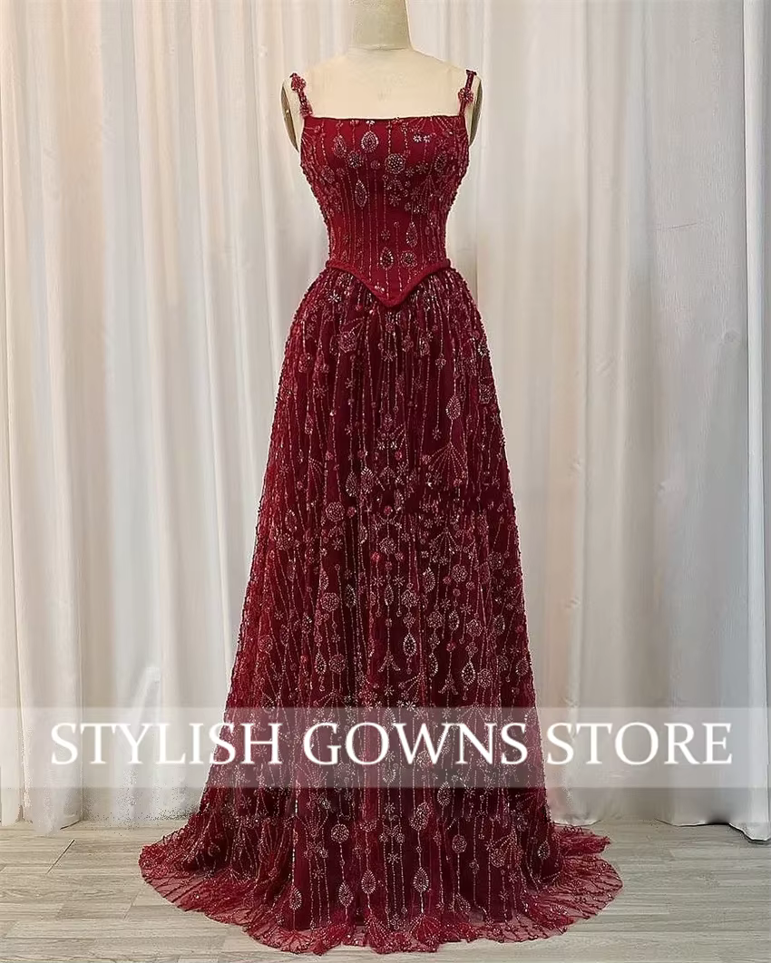 Robe de soirée arabe de luxe rouge élégante pour femmes, bretelles Spaghetti pour fête de mariage, nouvelle collection 2025 personnalisée