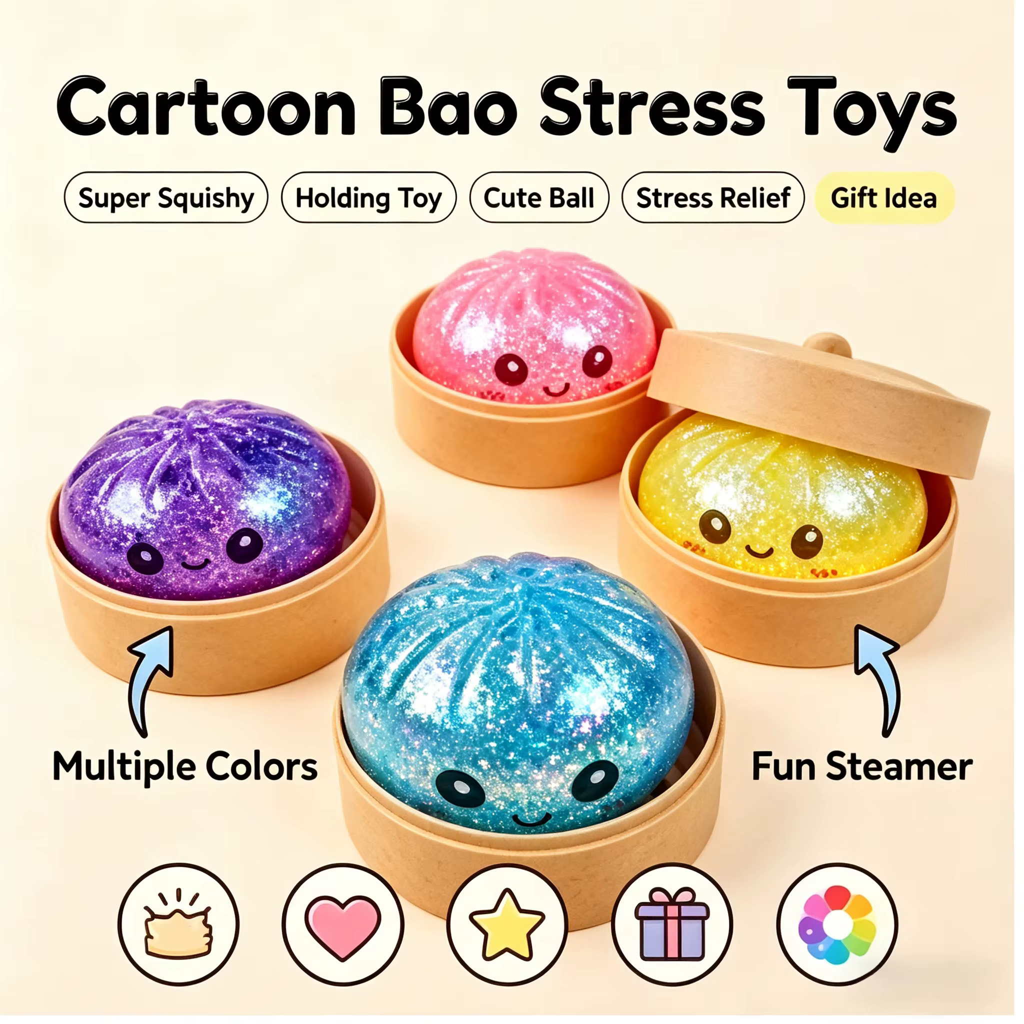 Jouet anti-stress en forme de bao bao vapeur avec perles et paillettes, jouet sensoriel souple et moelleux pour la décompression