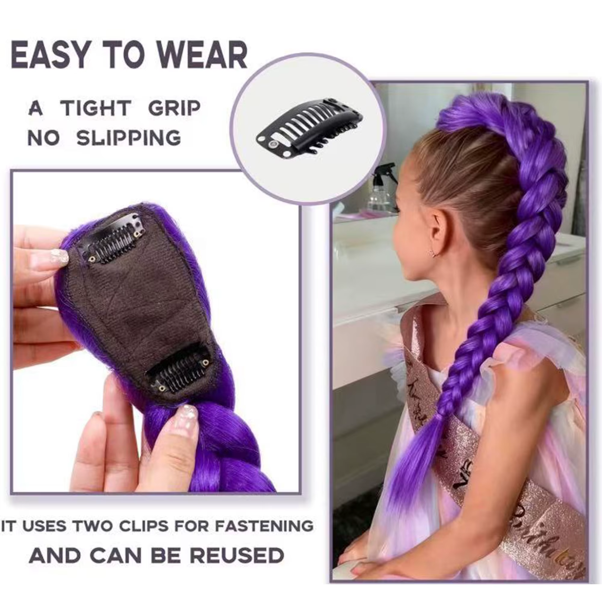 Queue de cheval tressée violette de 26 pouces à clipser, longue postiche pour cosplay, idéale pour les enfants et les filles à Halloween et Noël