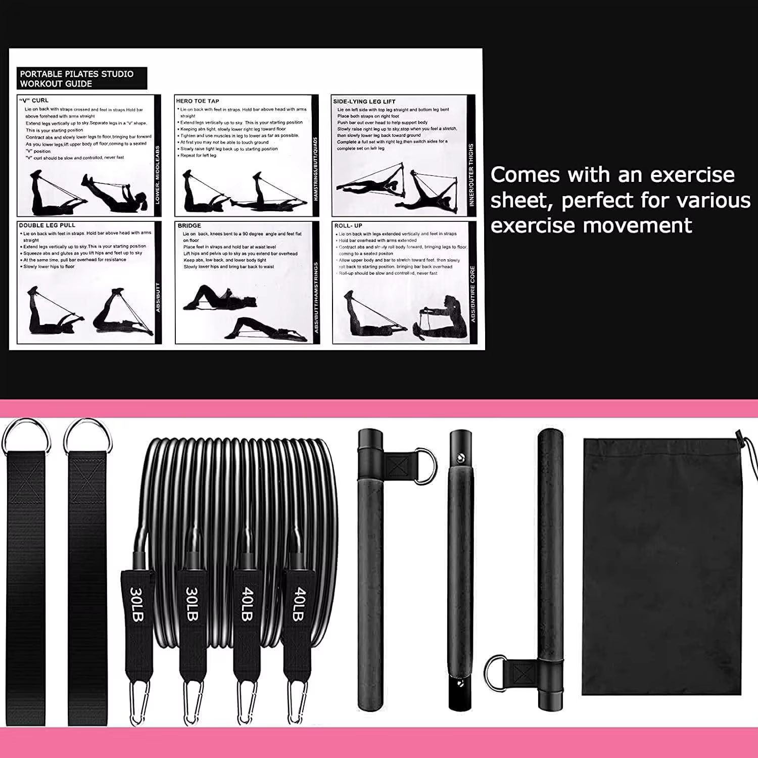 Kit de barre de Pilates avec bandes de résistance réglables