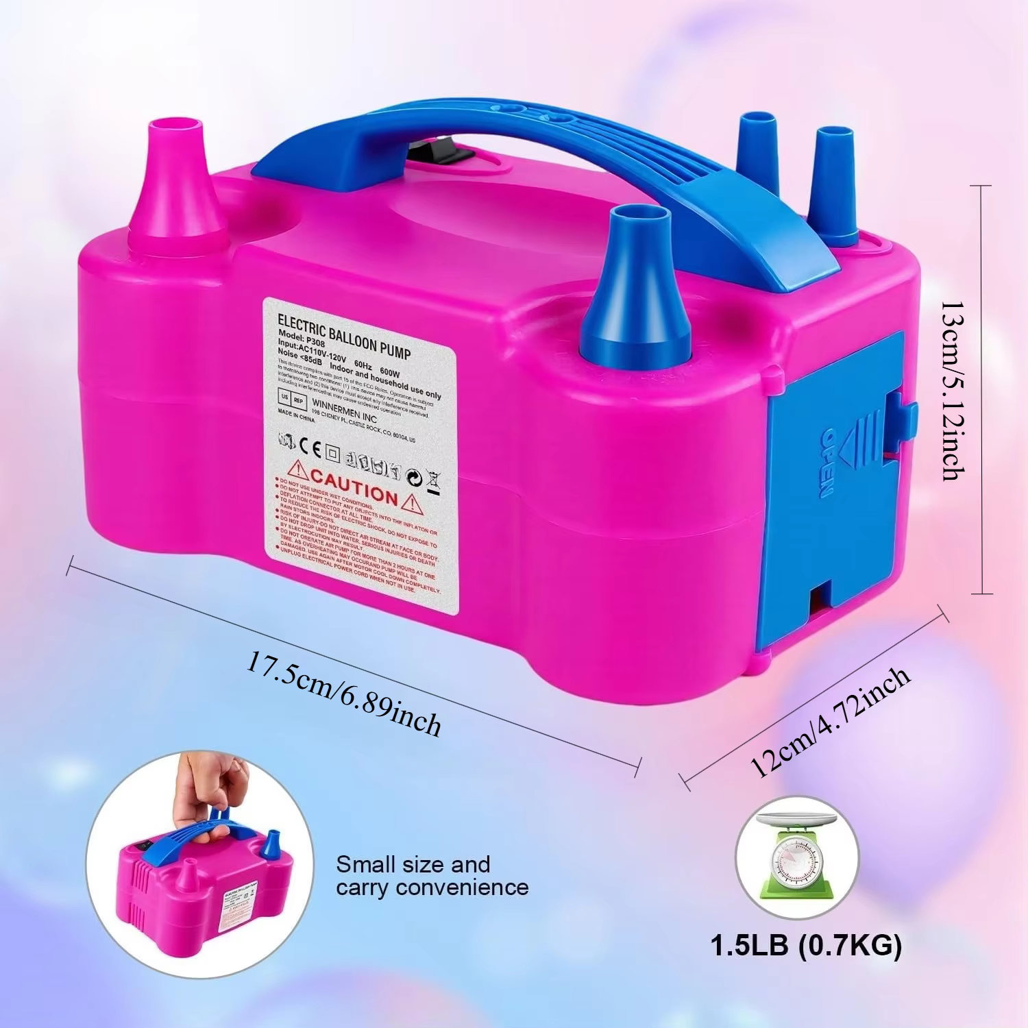 Pompe à ballons électrique portable 600W, machine à gonfler les ballons à double buse pour les décorations de fête, de mariage, de Noël, d'anniversaire, rose