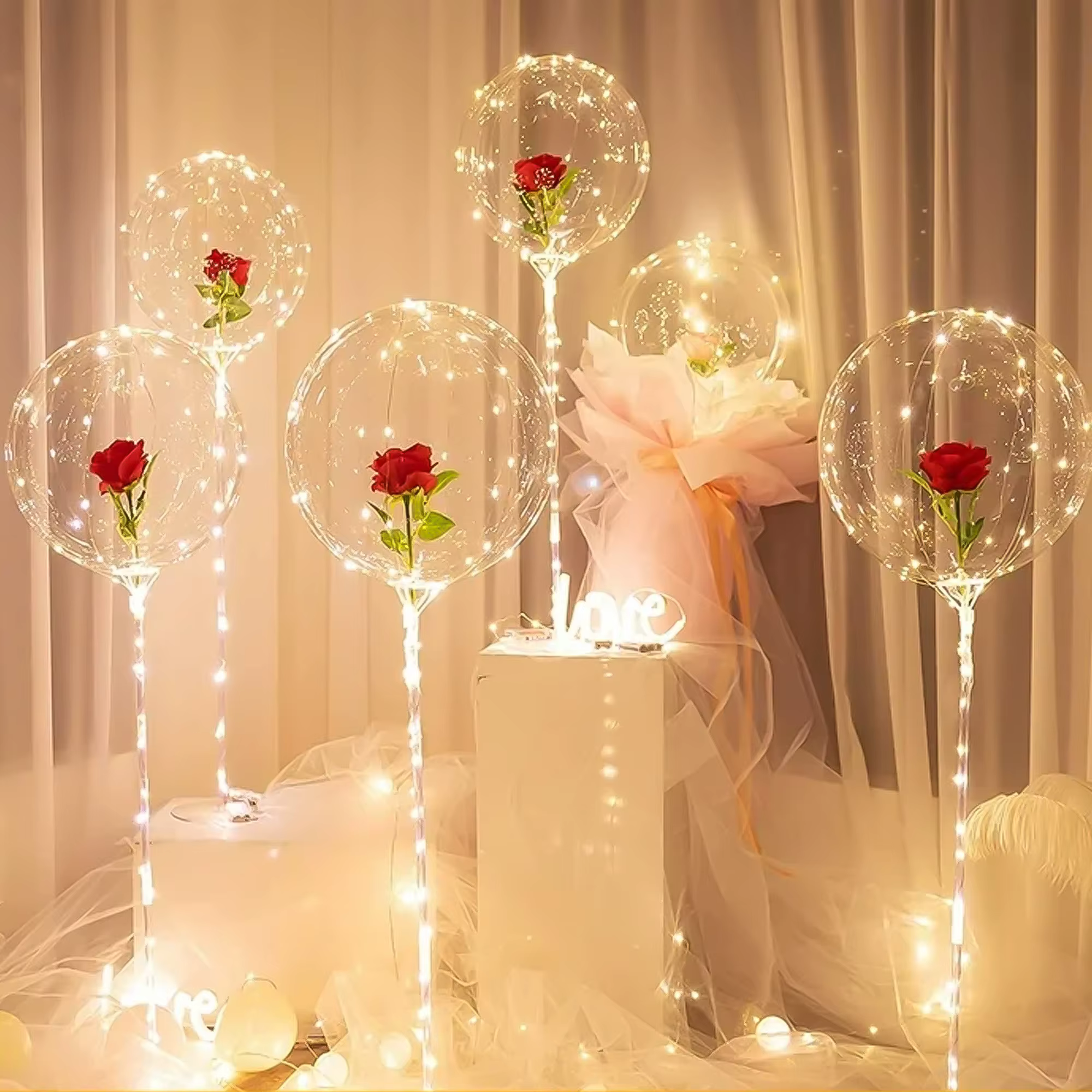 Bouquet de roses lumineuses LED, ballon transparent en forme de vague, idéal pour les mariages, les anniversaires, les fêtes de la Saint-Valentin, les enterrements de vie de jeune fille