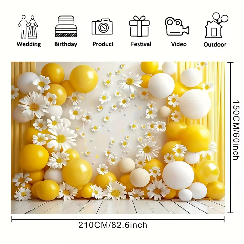 1 fond de photographie marguerite ballon jaune, adapté aux fêtes et aux salles de bain