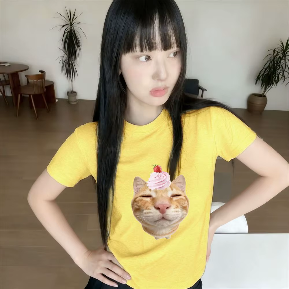 T-shirt graphique Kawaii Chat Crème pour Femme, Manches Courtes d'Été, Vêtements Amusants à Imprimé Meme avec Nombreuses Évaluations Coréennes, Livraison Gratuite pour Femme