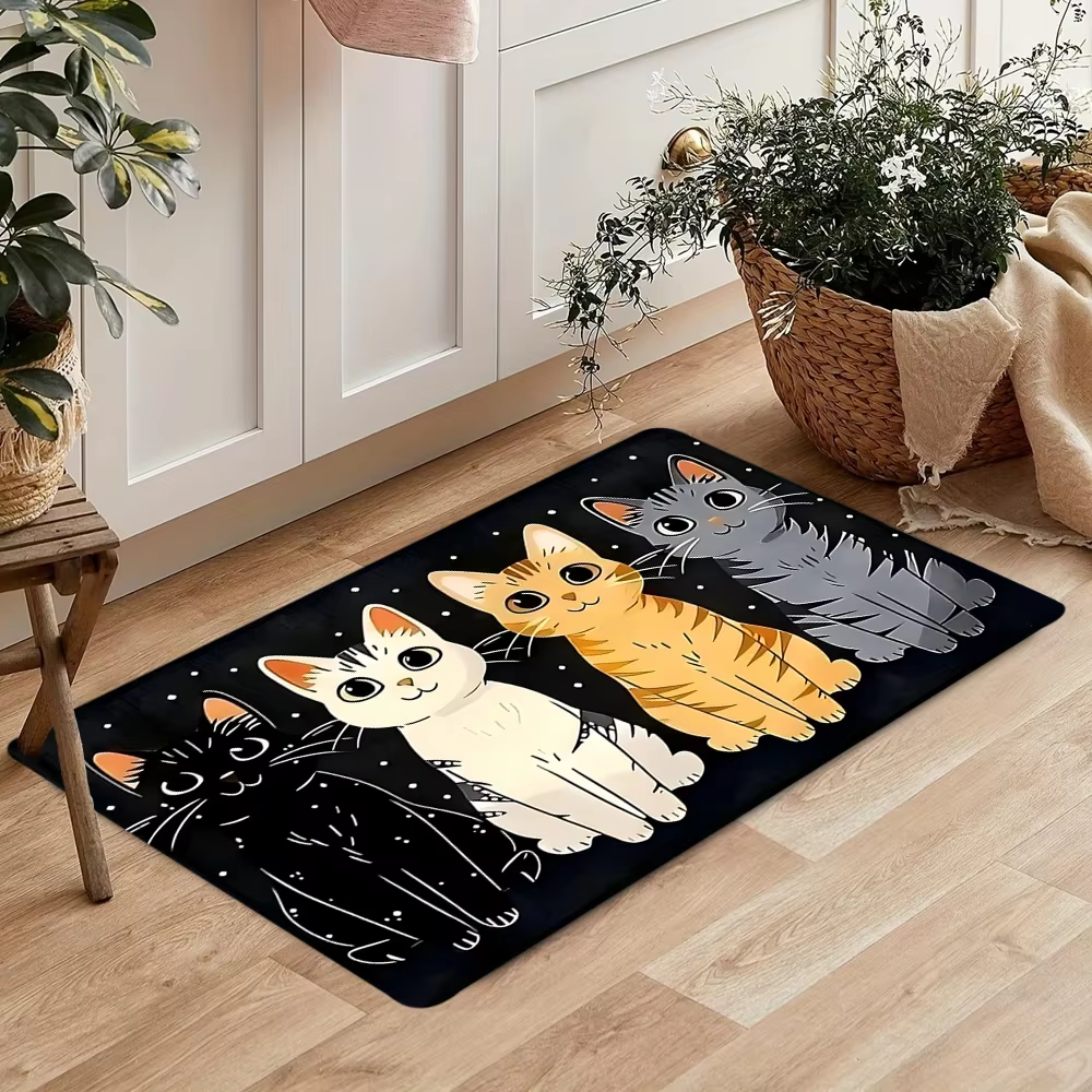 Tapis Adorable Chat de Dessin Animé, Décoration d'Intérieur Mignonne et Charmante avec Tons Noirs pour Salon et Chambre à Coucher