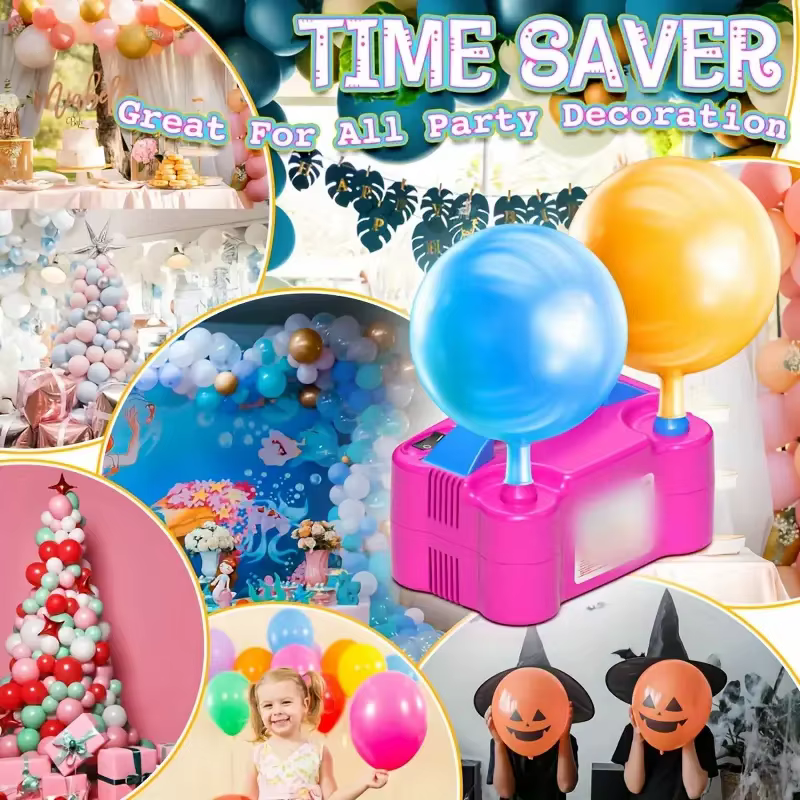 Pompe à ballons électrique portable avec deux buses, 600W, rouge rose - Alimentée par USB, fonctionnement manuel pour les décorations de fêtes et d'événements
