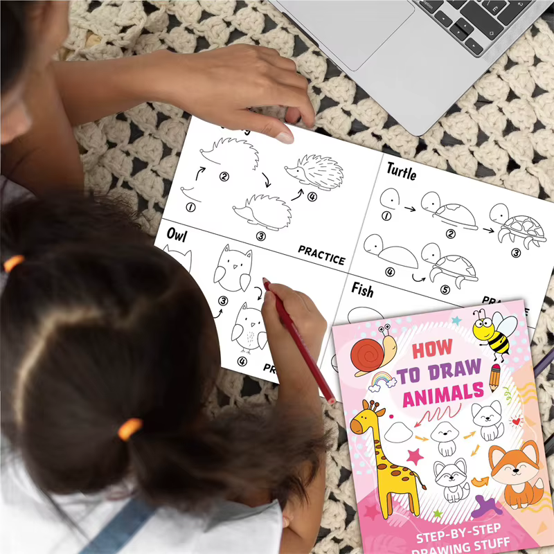 Livre de dessin amusant, guide étape par étape avec illustrations d'animaux, personnages de dessins animés mignons, livre de motifs colorés
