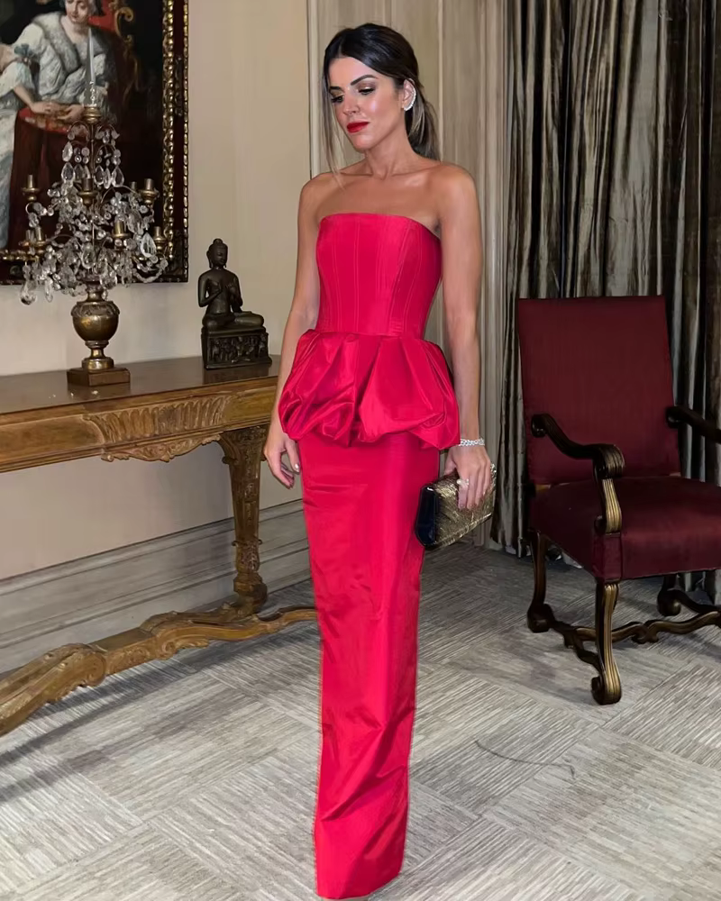 Robe de soirée droite en Satin rouge, sans bretelles, plissée, longueur au sol, robes de Banquet, dos fendu, fermeture éclair, robe formelle pour femmes, personnalisée