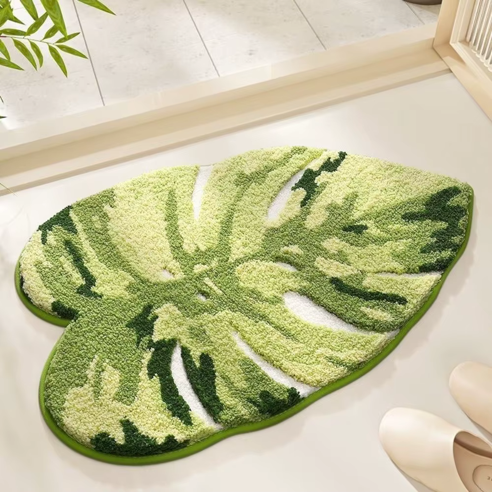Tapis de sol en forme de feuille souple en TPR, antidérapant, motif feuille, pour salle de bain, en fibres épaissies, absorbant l'eau, tapis de bain antidérapant