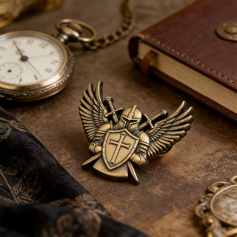Broche Chevalier Ange Doré, Écusson Croix, Badge Gardien, Ailes d'Armure Dorées, Épingle Métallique, Décoration de Foi, Accessoire de Col, Cadeau