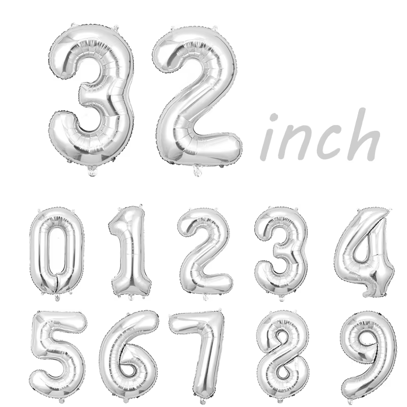 Ballons numériques en aluminium, 32 pouces, couleur argent, numéro 0-9, pour fête d'anniversaire, mariage, réception-cadeau pour bébé, salon