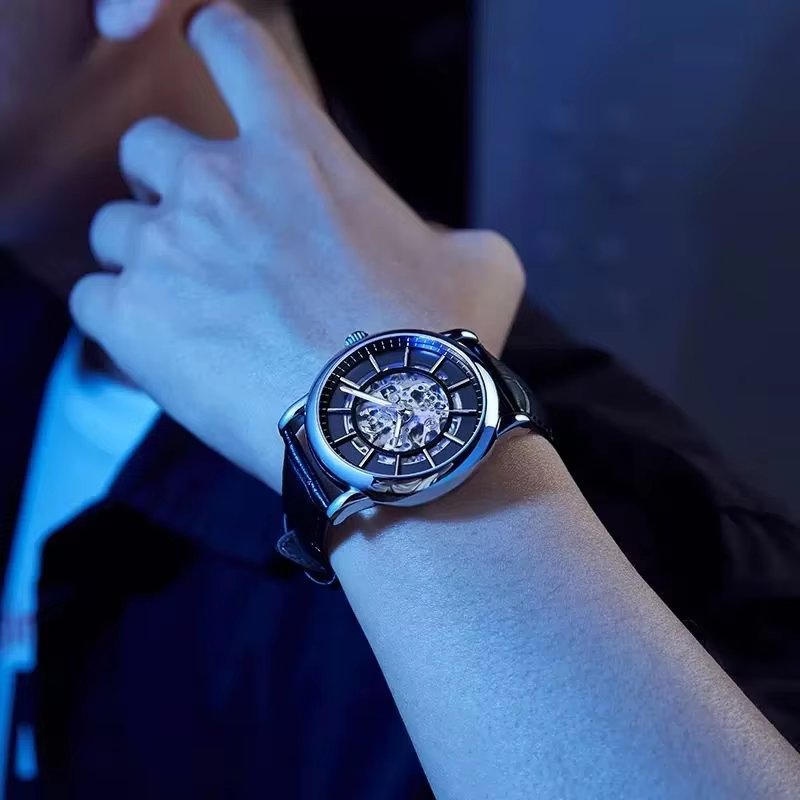 AL8891 Montre mécanique automatique squelette à cadran rond, bracelet en cuir, étanche, lumineuse, design « Life Your Wheel Helm Steering Round »