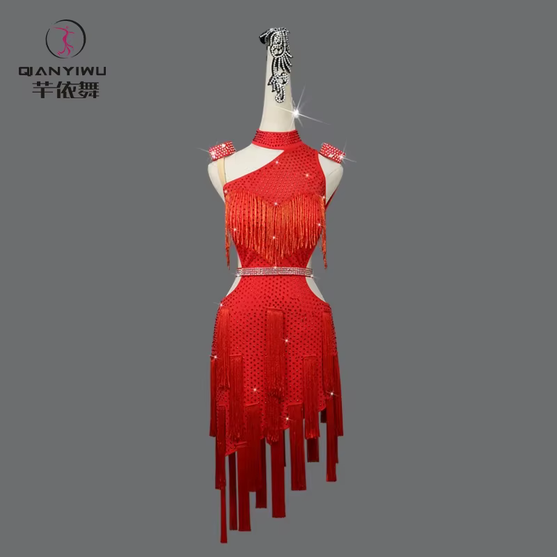 Robes de soirée rouges pour femmes, costume de danse latine élégant, compétition 2026, jupe à franges pour filles, vêtements de danse mi-longs, costume de samba pour bal  fille robes soirée costume ju