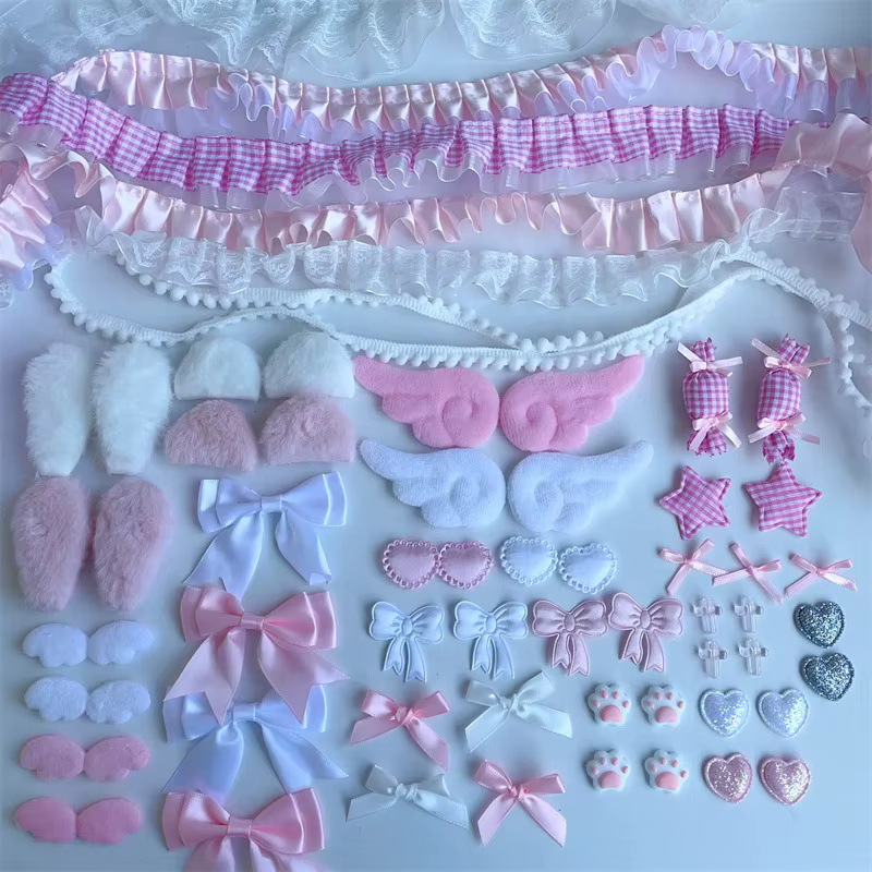 Kit d'accessoires pour cheveux DIY Princesse Rose, 67 pièces, incluant des rubans en dentelle, des nœuds, des mini-éventails et des pinces, ensemble de loisirs créatifs tout-en-un pour filles