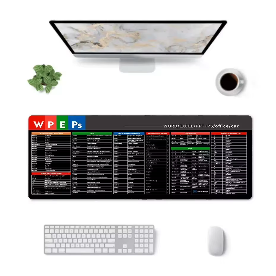 Tapis de souris grand format avec raccourcis clavier espagnols pour Word, PPT, CAD, Photoshop, Excel – Idéal pour les utilisateurs de bureau