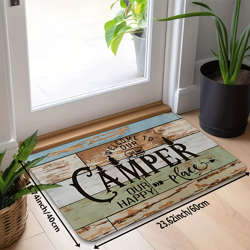 Paillasson de bienvenue pour camping-car, 1 pièce, tapis de camping-car en flanelle robuste avec design de camping-car et d'arbres, "Bienvenue à notre