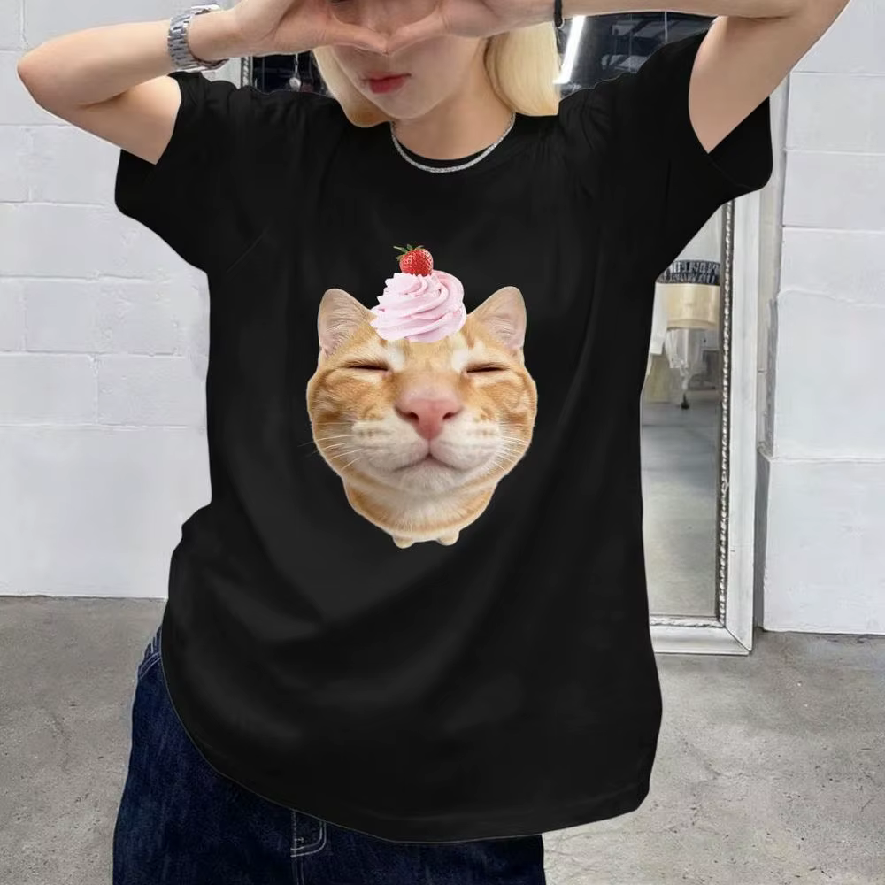 T-shirt graphique Kawaii Chat Crème pour Femme, Manches Courtes d'Été, Vêtements Amusants à Imprimé Meme avec Nombreuses Évaluations Coréennes, Livraison Gratuite pour Femme