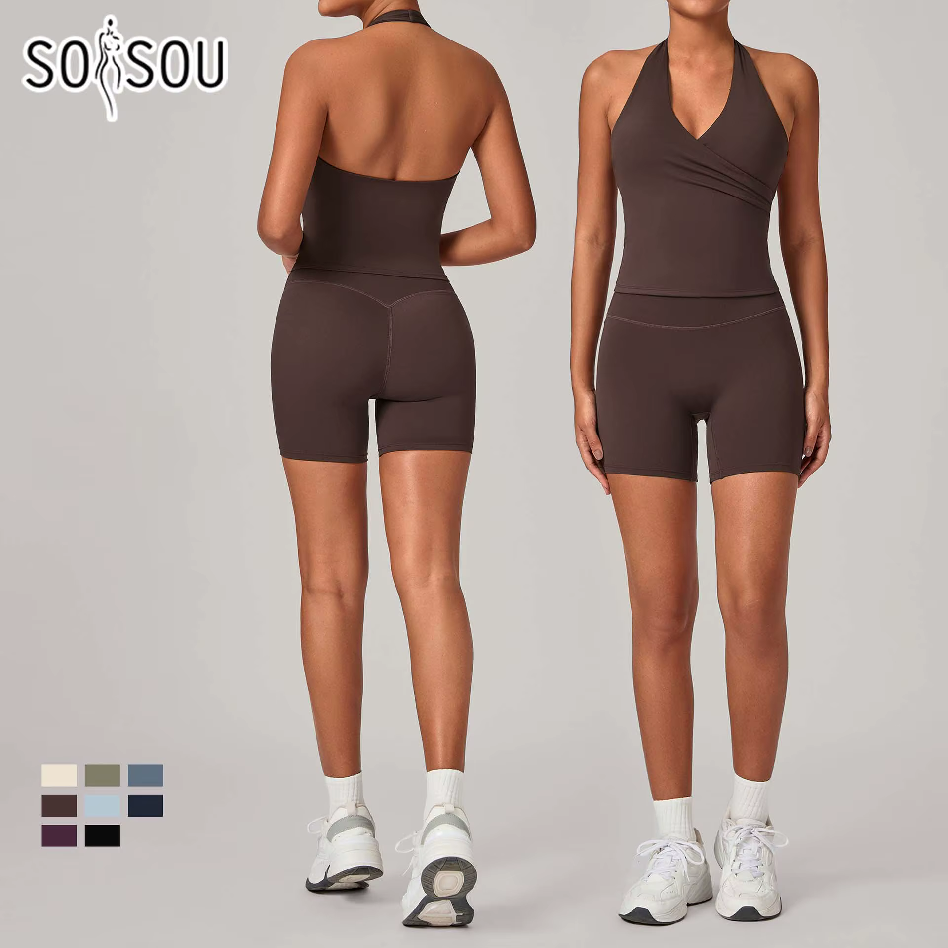 SOISOU Nylon doux femme vêtements 2 pièces ensemble de Yoga licou cou soutien-gorge Sport Shorts femmes survêtement