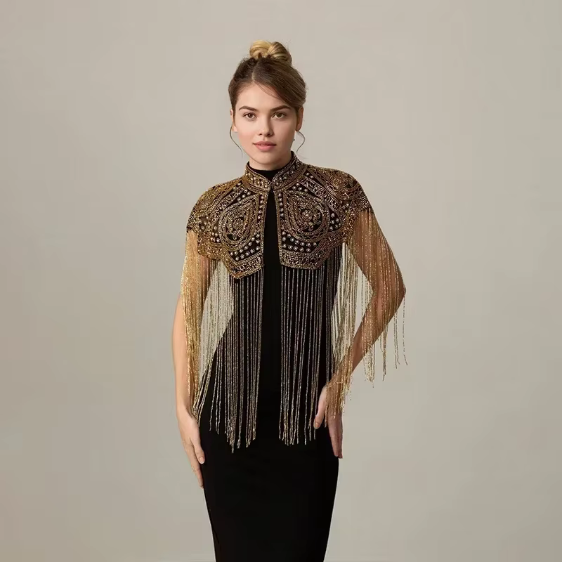 Châle indien lourd orné de perles, à longues franges, fait main, pour robe de soirée, cape, accessoire rétro à porter avec une robe Cheongsam