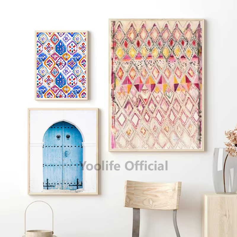 Impressions d'art de tapis rose Vintage, décor mural Boho, affiche éclectique, porte ancienne marocaine, peinture sur toile, images d'art