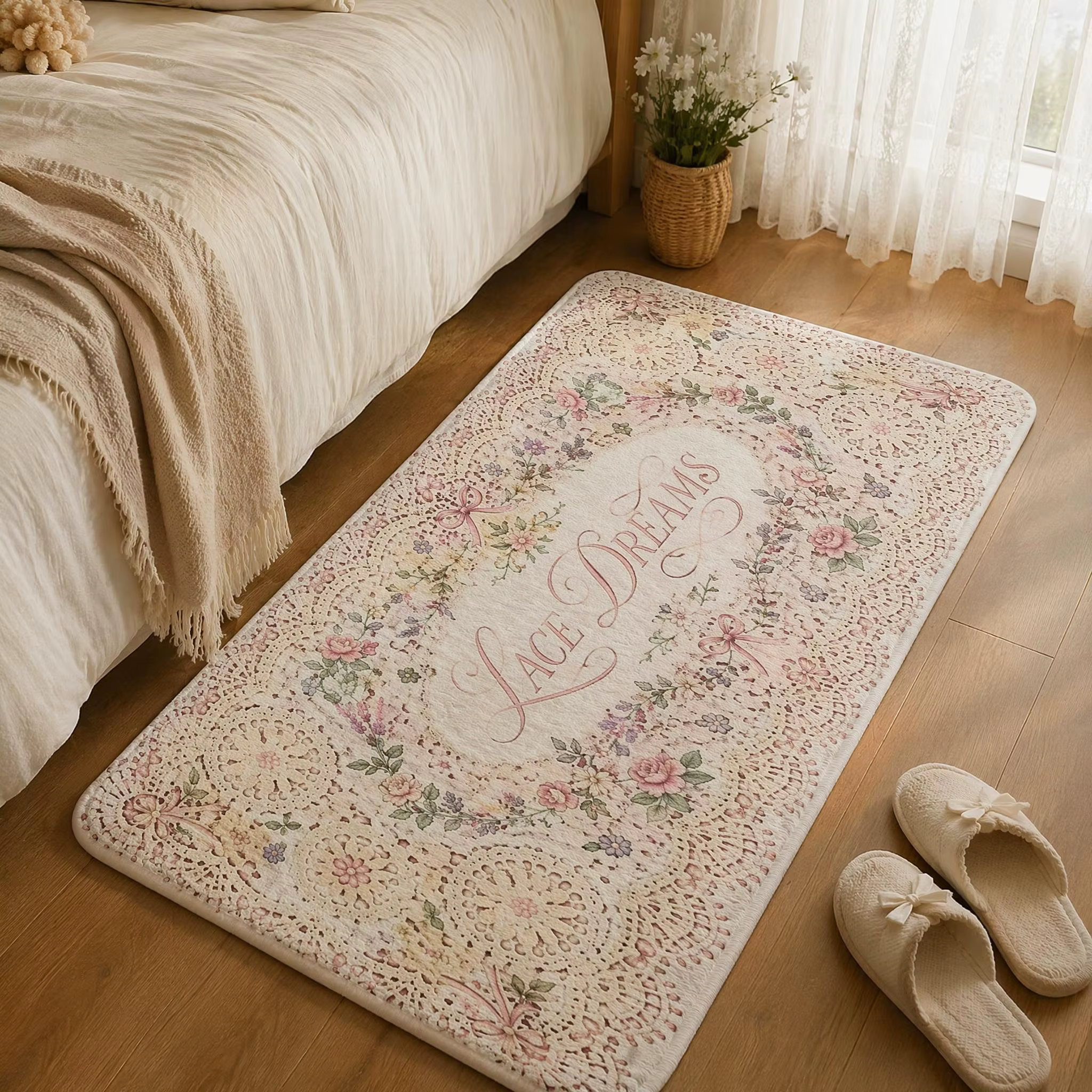 Tapis de Couloir Long en Crochet Floral Vintage Lace Dreams, Style Shabby Chic, Motif Floral Pastel, Rectangulaire, pour Chambre à Coucher ou Coiffeuse