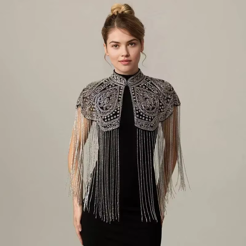 Châle indien lourd orné de perles, à longues franges, fait main, pour robe de soirée, cape, accessoire rétro à porter avec une robe Cheongsam