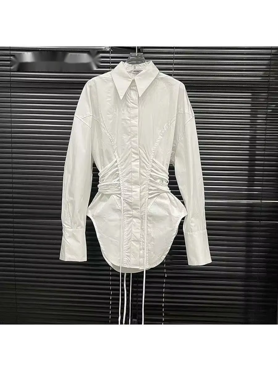 Chemise blanche à bretelles de taille pour femmes, Design de Niche, couleur unie, manches longues, haut féminin, nouvelle collection automne 2025 P4SQ