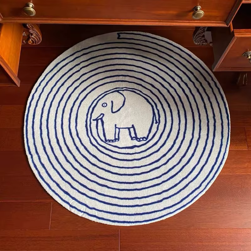 Tapis de dessin animé d'éléphant rayé, décoration de maison, de chambre à coucher, de salon, de porte d'entrée, tapis de jeu rond mignon pour enfants