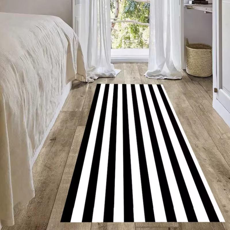 Tapis de couloir à rayures noires et blanches, tapis de chambre à coucher, couverture de lit, tapis de salle de bain, tapis de salon, tapis de cuisine, tapis lavable