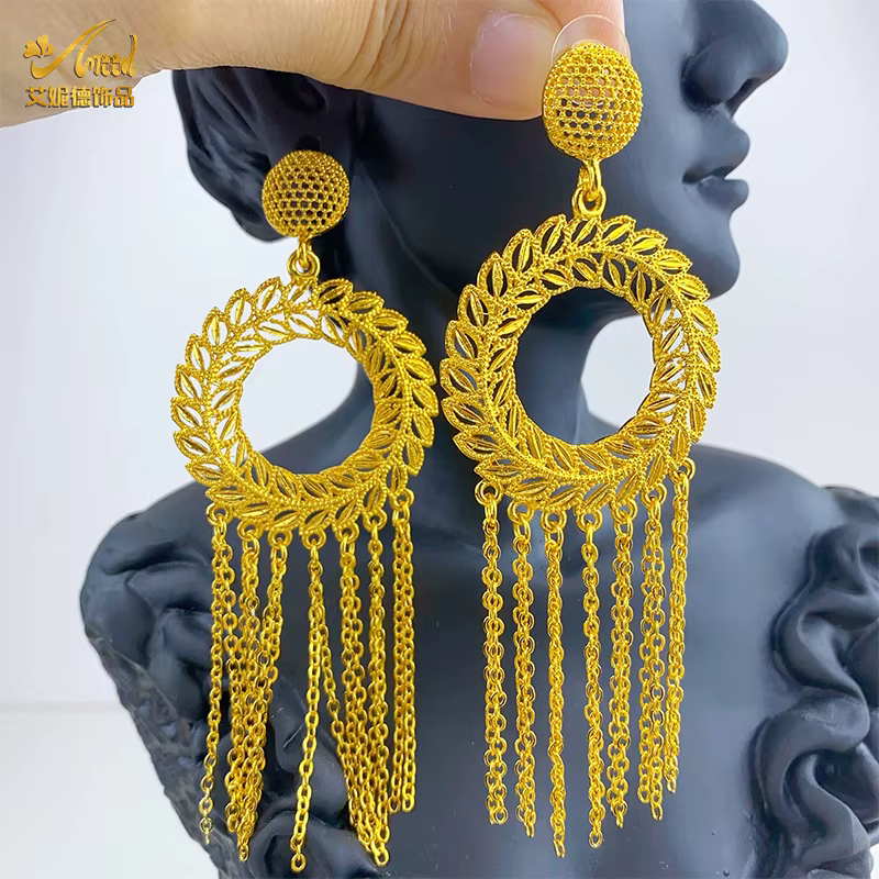 Boucles d'oreilles indiennes pour femmes, boucles d'oreilles pendantes à pampilles, plaquées or 24 carats, boucles d'oreilles de fête africaine de dubaï, accessoire pour cadeaux de mariage