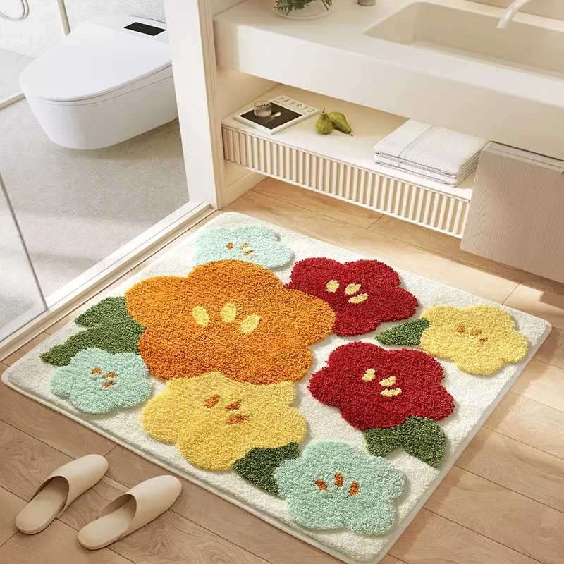 Tapis de bain floral carré, tapis de salle de bain ultra absorbant en peluche, support antidérapant et surface douce au toucher, tapis de sol pour la décoration de la salle de bain