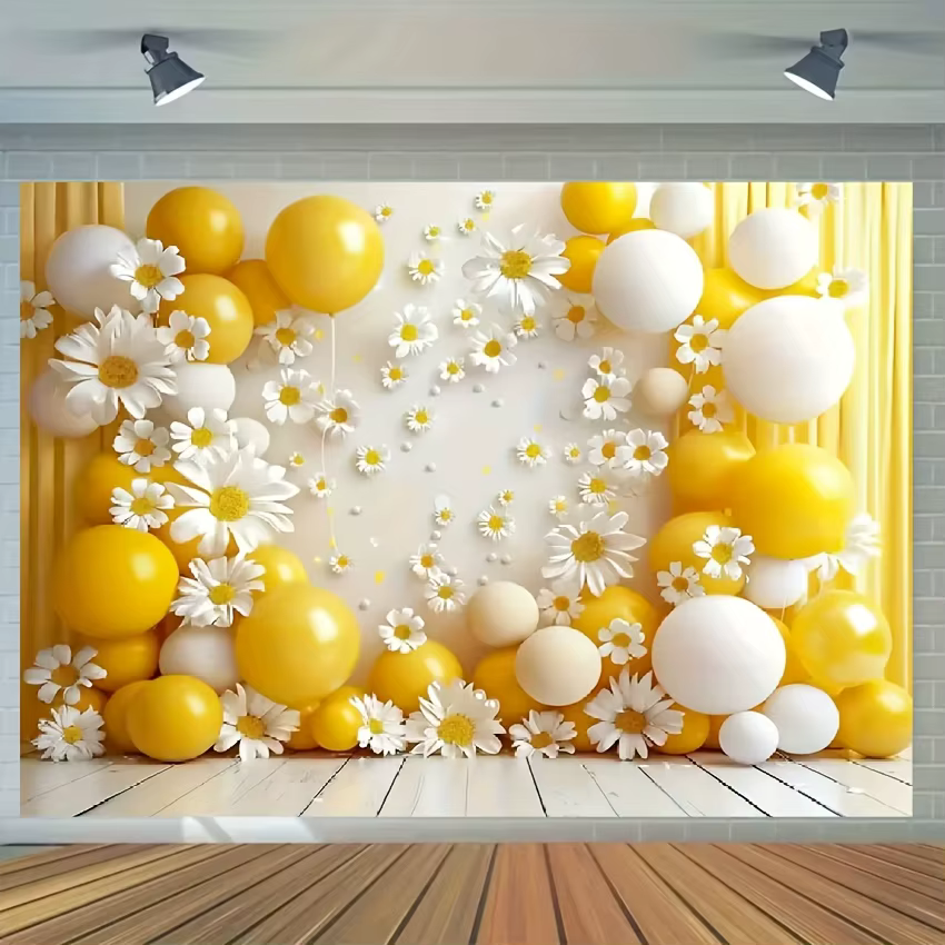 1 fond de photographie marguerite ballon jaune, adapté aux fêtes et aux salles de bain