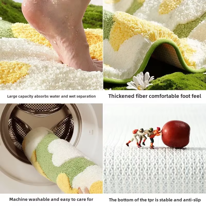 Tapis de bain floral carré, tapis de salle de bain ultra absorbant en peluche, support antidérapant et surface douce au toucher, tapis de sol pour la décoration de la salle de bain