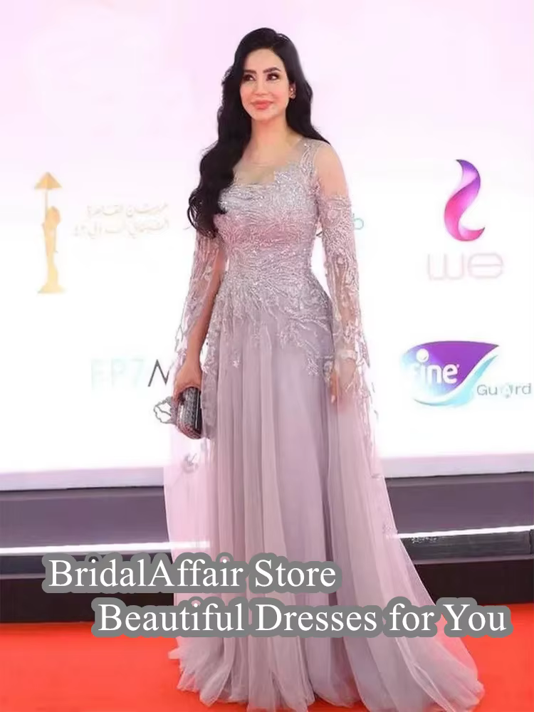 Robe de Soirée en Tulle à Manches sulfet Col Ras du Cou pour Femme, Tenue de Bal en Dentelle, avec Appliques de Tapis Rouge, Arabie Saoudite
