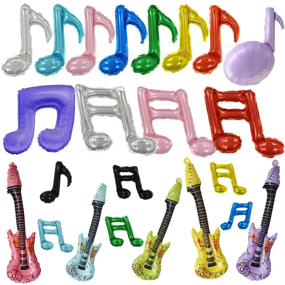 Ballons noirs multicolores en forme de notes de musique, ballon en forme de guitare gonflable, décorations de fête sur le thème de la musique, fournitures pour mariage et anniversaire