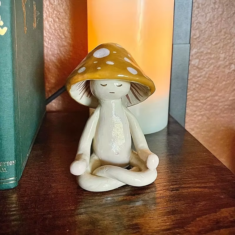 Figurines de yoga en résine en forme de champignons – Ensemble de statues de méditation mignonnes pour la décoration de
